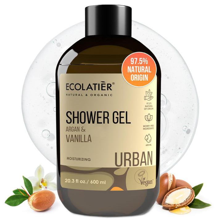 ECOLATIÈR Vanilla Body Wash with Organic Argan Oil - Moisturizing Natural Body Wash for Women & Men, 97.5% Natural Ingredients, Vegan, Hydrating & Antioxidant Care for Soft, Smooth Skin, 20.3 Fl Oz