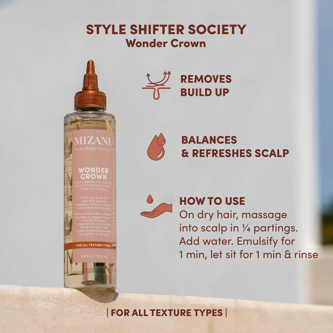 MIZANI Style Shifter Society Wonder Crown Scalp Foaming Pre-Cleanse | Scalp Cleanser that Removes Buildup | For Dry, Textured Hair | 6.8 Fl. Oz.