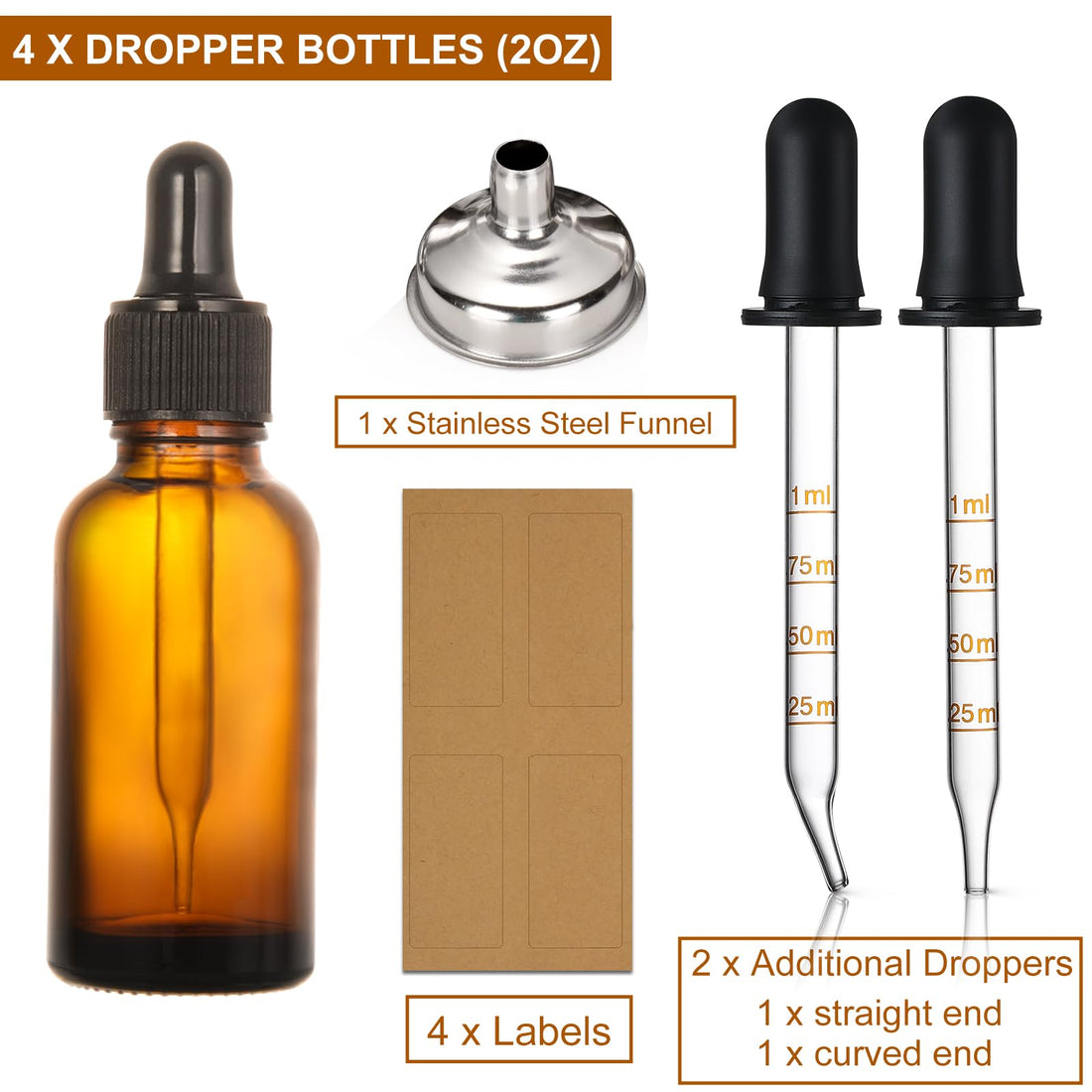 4 Pack, 2 oz Dropper Bottles with 2pcs Glass Pipettes(1ml) - Essential Oils Bottles for Health, Personal Care & Beauty - 60ml Thick Dark Amber Glass Tincture Bottle with Eye Droppers, Leakproof