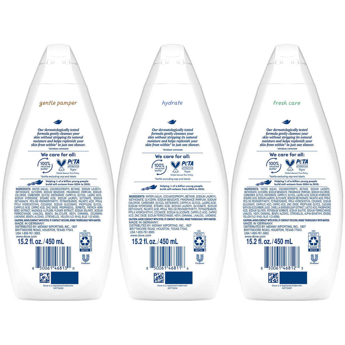 Dove Body Wash Variety 3-Pack – Hydrate, Fresh Care, and Gentle Pamper, 15.22 Oz Ea