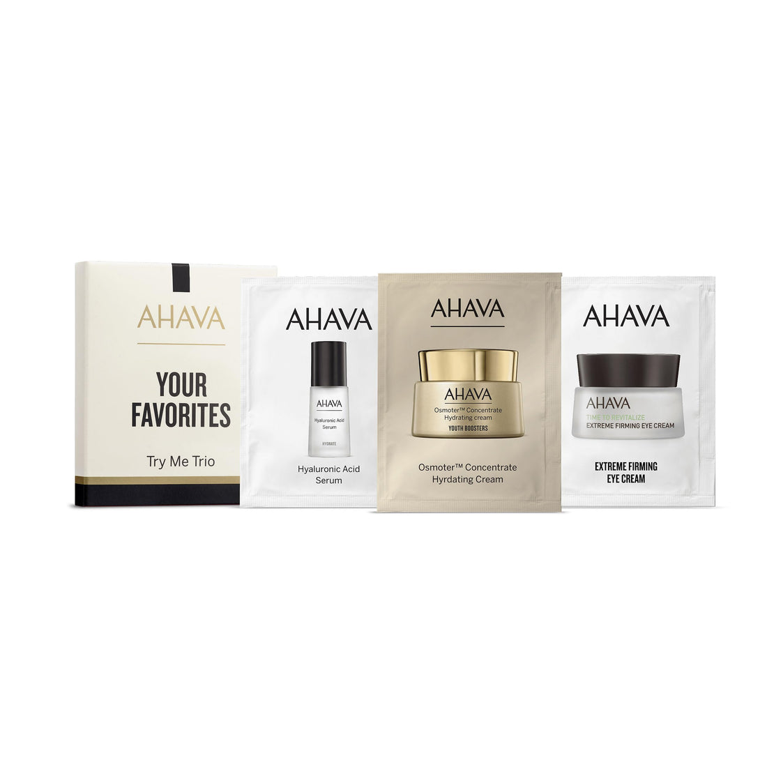AHAVA Your Favourites Sachet Kit- OsmoterTM Concentrate Hydrating Cream 3ml, Extreme Eye Cream 2ml & Hyaluronic Acid Serum 3ml- Hydrates, Firms & Maintains Moisture Level, Reduce Wrinkles with Osmoter