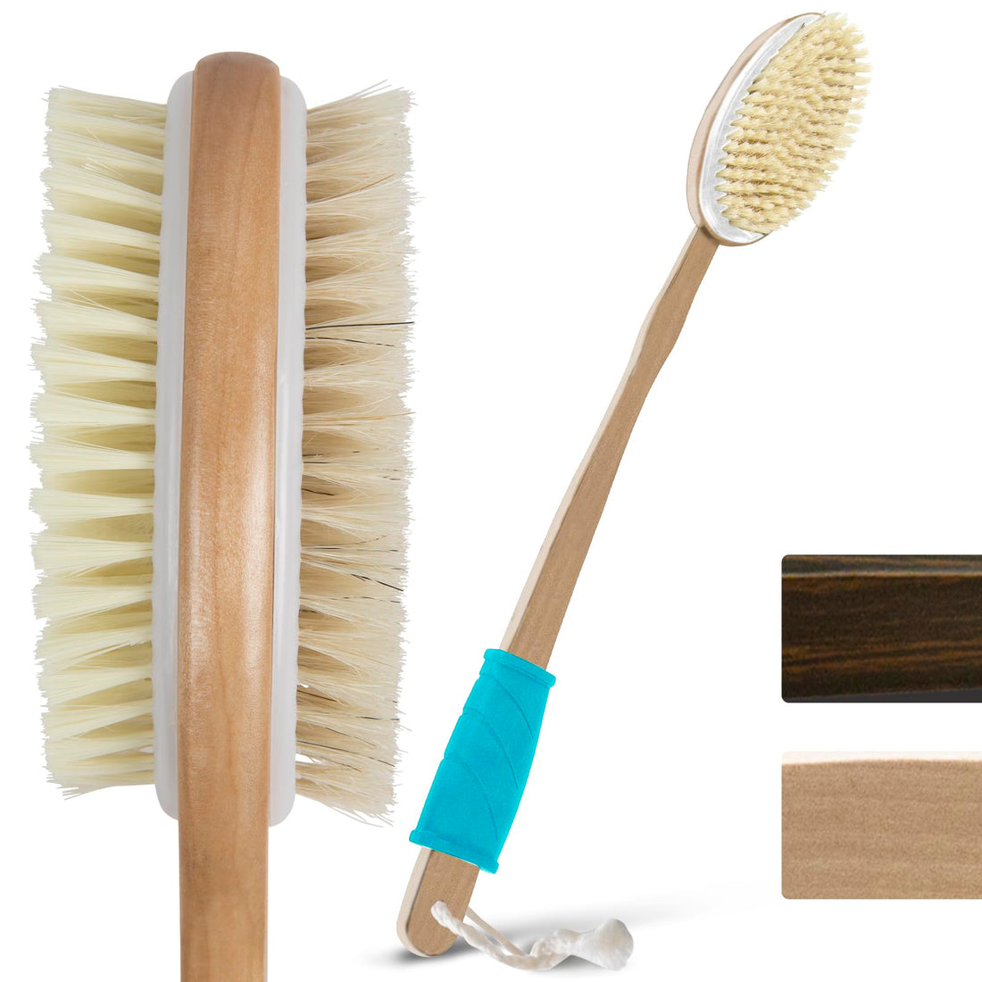 Vive Shower Brush - Dry Skin Body Exfoliator - Shower and Bath Scrubber For Wash Brushing, Exfoliating, Cellulite, Foot Scrub, Leg Exfoliant w/Soft and Stiff Massage Bristles - Wooden Long Handle