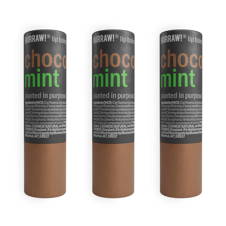 Hurraw! Chocolate & Mint Lip Balm, 3 Pack: Plastic-Free with new cardboard push-up tube. Certified Organic, All Natural Origin, Vegan & Cruelty Free. Gluten, Bee, Shea, Soy & Palm Free. Made in USA