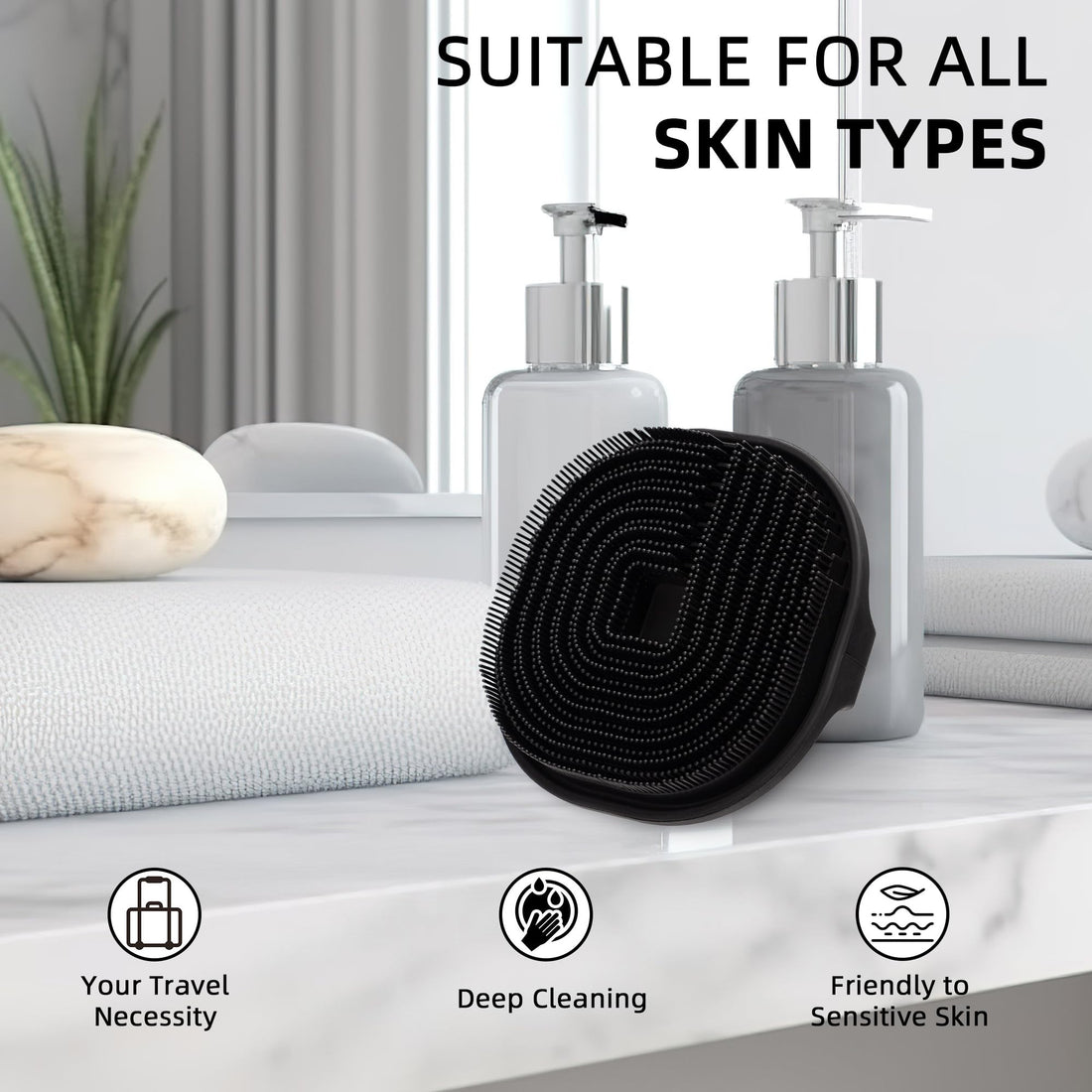 Silicone Body Scrubber, Exfoliating Body Wash Scrubbers Exfoliator, Shower Body Brush for Effective Showering Exfoliation and Gentle Massage, Lather Well and Anti-Slip Handle Loofah (Black)