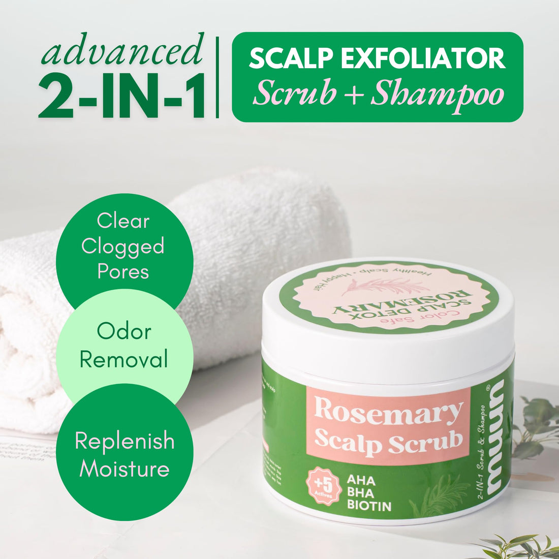 2-IN-1 Scalp Scrub & Shampoo - Rosemary Sea Salt , AHA & BHA Scalp Exfoliator - Hair Scrub Pre Shampoo Anti-Dandruff, Itchy Flaky Relief - Sulfate & Silicon Free, Dry Scalp Treatment & Detox