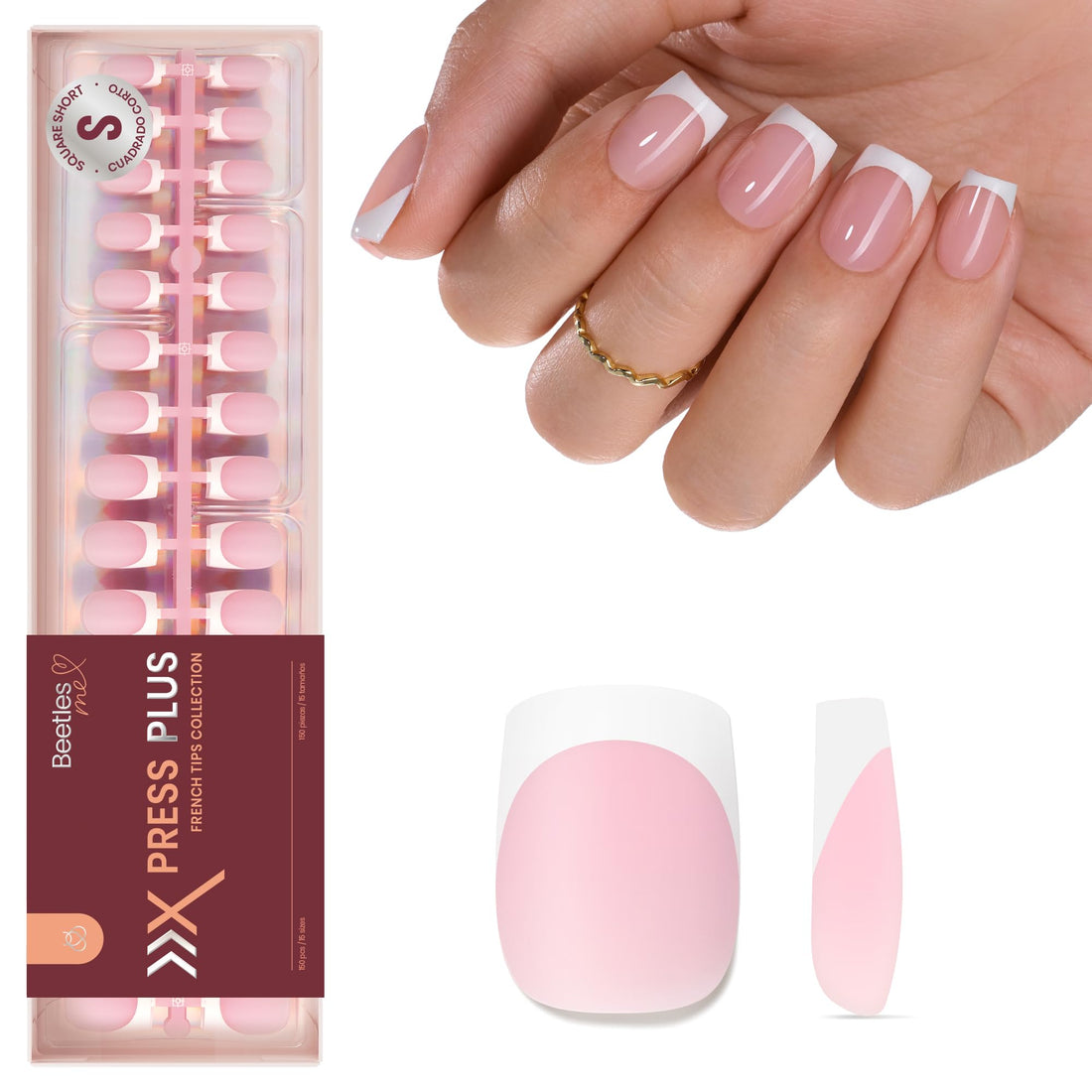 Beetles French Tip Press On Nails: 150 Pcs Pink Short Square Press On Nails 4 in 1 Nail Tips, Pre-Applied Primer & Base Coat, No File Need DIY Manicure for Nail Extension Gifts for Women