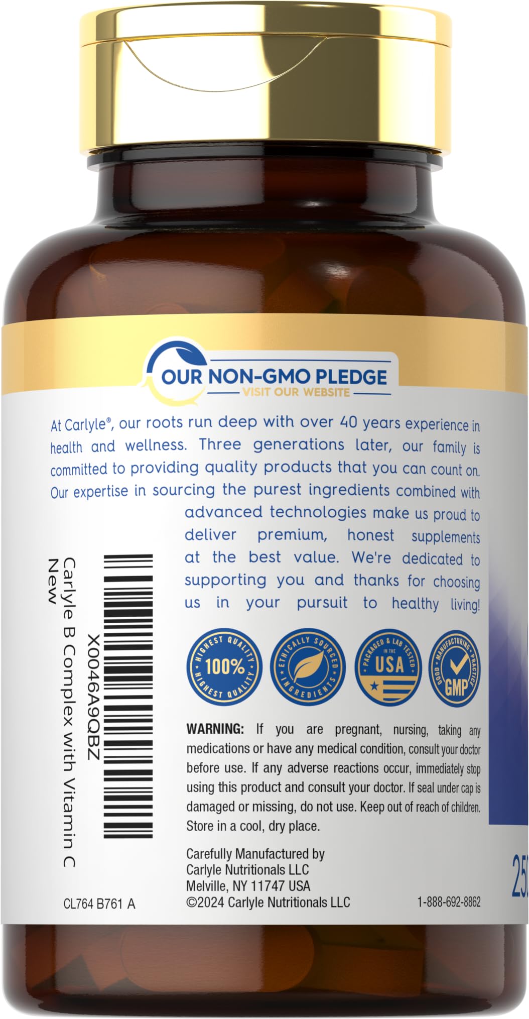 Carlyle Vitamin B Complex Plus Vitamin C | 250 Caplets | Vegetarian, Non-GMO and Gluten Free Supplement