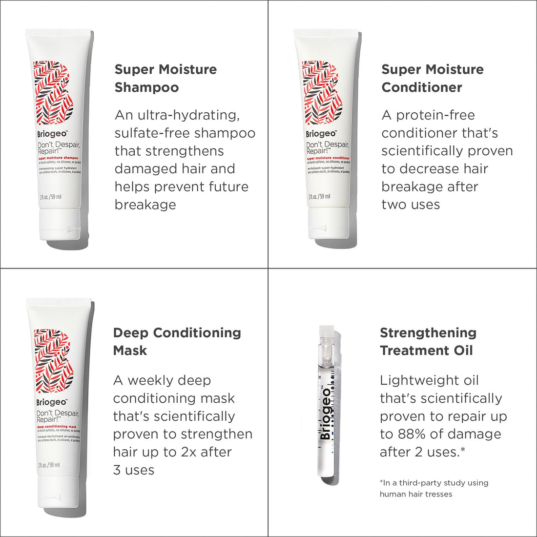 Briogeo Don't Despair, Repair! Strenthen + Repair Minis Kit, Repairs Dry, Damaged or Color Treated Hair,Travel Kit, Strengthens Hair, Hydrates Dry Hair, Vegan, Cruelty-Free, 4-Piece Set