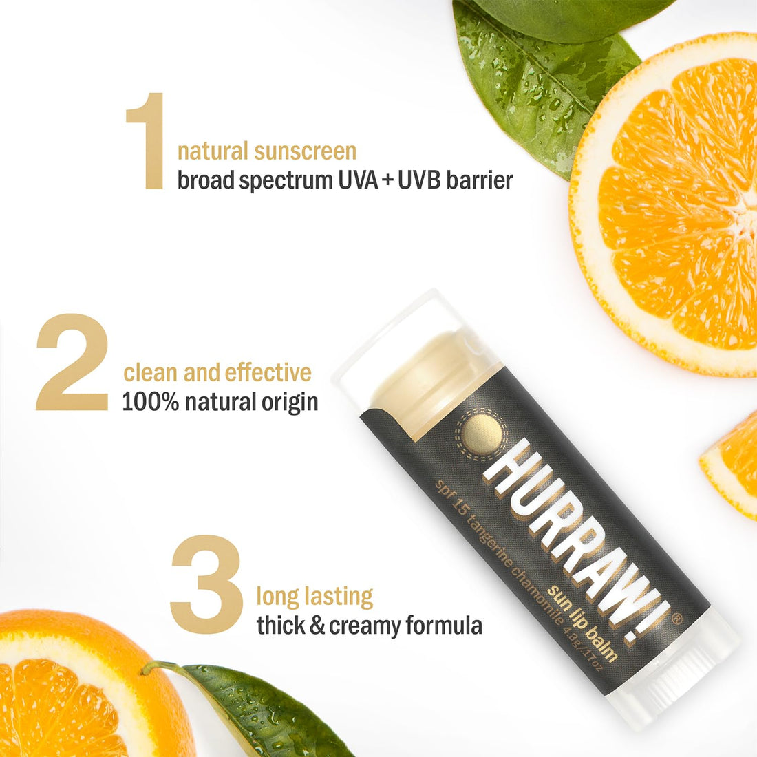 Hurraw! Sun Lip Balm (Zinc Oxide Protection, Broad Spectrum SPF 15, Tangerine, Chamomile), 2 Pack: Organic, Certified Vegan, Gluten Free. Non-GMO, All-Natural. Bee, Shea, Soy & Palm Free. Made in USA