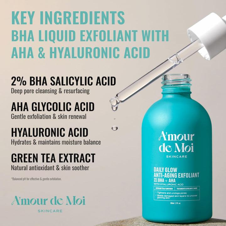 Amour de Moi 2% BHA AHA Liquid Salicylic Acid Exfoliant - Gentle Peel, Pore Minimizer, Face Exfoliator for blackheads, wrinkles with Hyaluronic acid - Fragrance-Free Hydrating for All Skin Types, 2oz