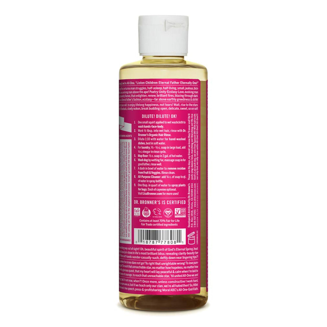Dr. Bronner’s - Pure-Castile Liquid Soap (Rose) - Made with Organic Oils, 18-in-1 Uses: Face, Body, Hair, Laundry, Pets & Dishes, Concentrated, Vegan, Non-GMO (8 Fl Oz)