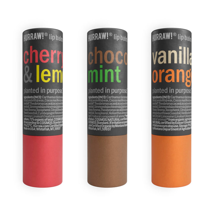 Hurraw! Cherry Lemon, Chocolate Mint & Vanilla Orange Lip Balm 3 Pack Bundle: Plastic-Free with new cardboard push-up tube. Certified Organic, Natural & Vegan. Bee, Shea, Soy & Palm Free. Made in USA