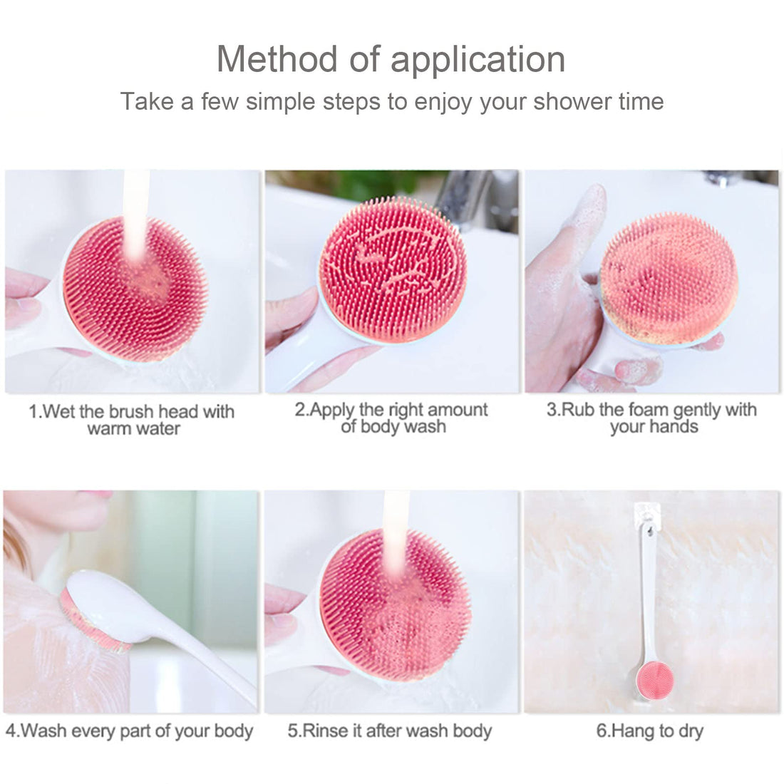 Silicone Back Scrubber for Shower, Back Washer Brush Long Handle with Soft Bristles, Bath Body Shower Exfoliator Brush for Men and Women, BPA Free, Non-Slip