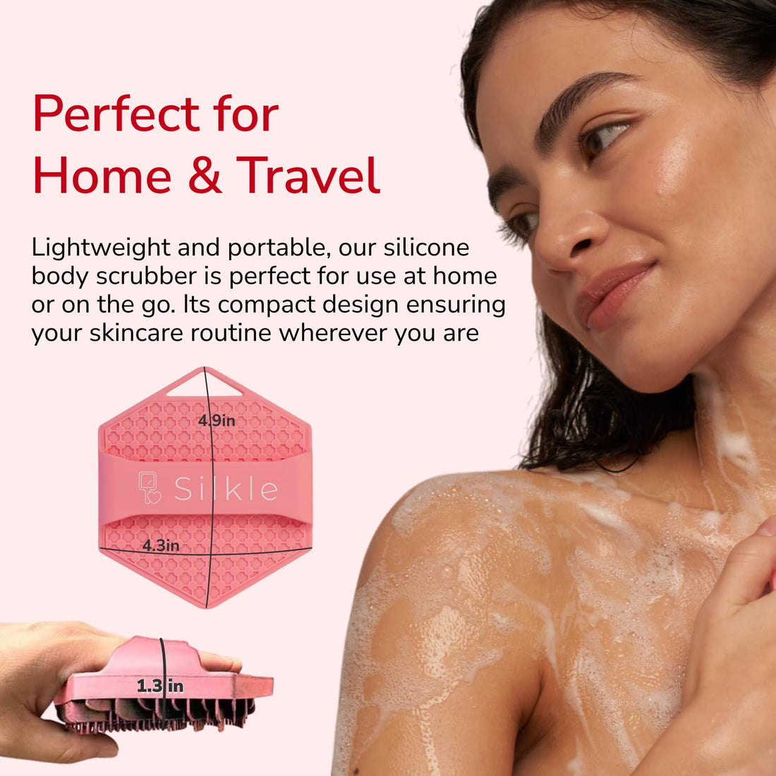 SILKLE Silicone Body Scrubber - Exfoliating Bath Brush and Skin Cleanser - Shower Sponge for Gentle Body Scrub and Wash - Silicone Scrubbing Care Tool for a Refreshed and Renewed You - Pink