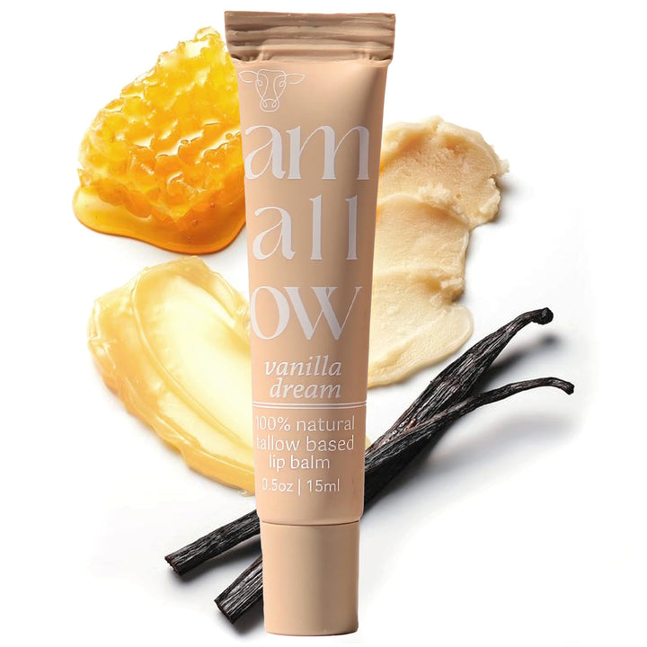Amallow All Natural Tallow Lip Balm Squeezable Tube - Grass Fed/Finished Beef Tallow + Organic Beeswax & Vanilla Essential Oil .5 OZ (Vanilla Dream)