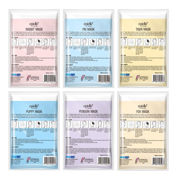 Epielle Animal Character Sheet Masks | Korean Beauty Masks for All Skin Types | Pack of 6 | Face Mask, Birthday Party Gift, Girls' Night, Spa Day, Spa Night | Korean Skincare, Spa Gifts for Women