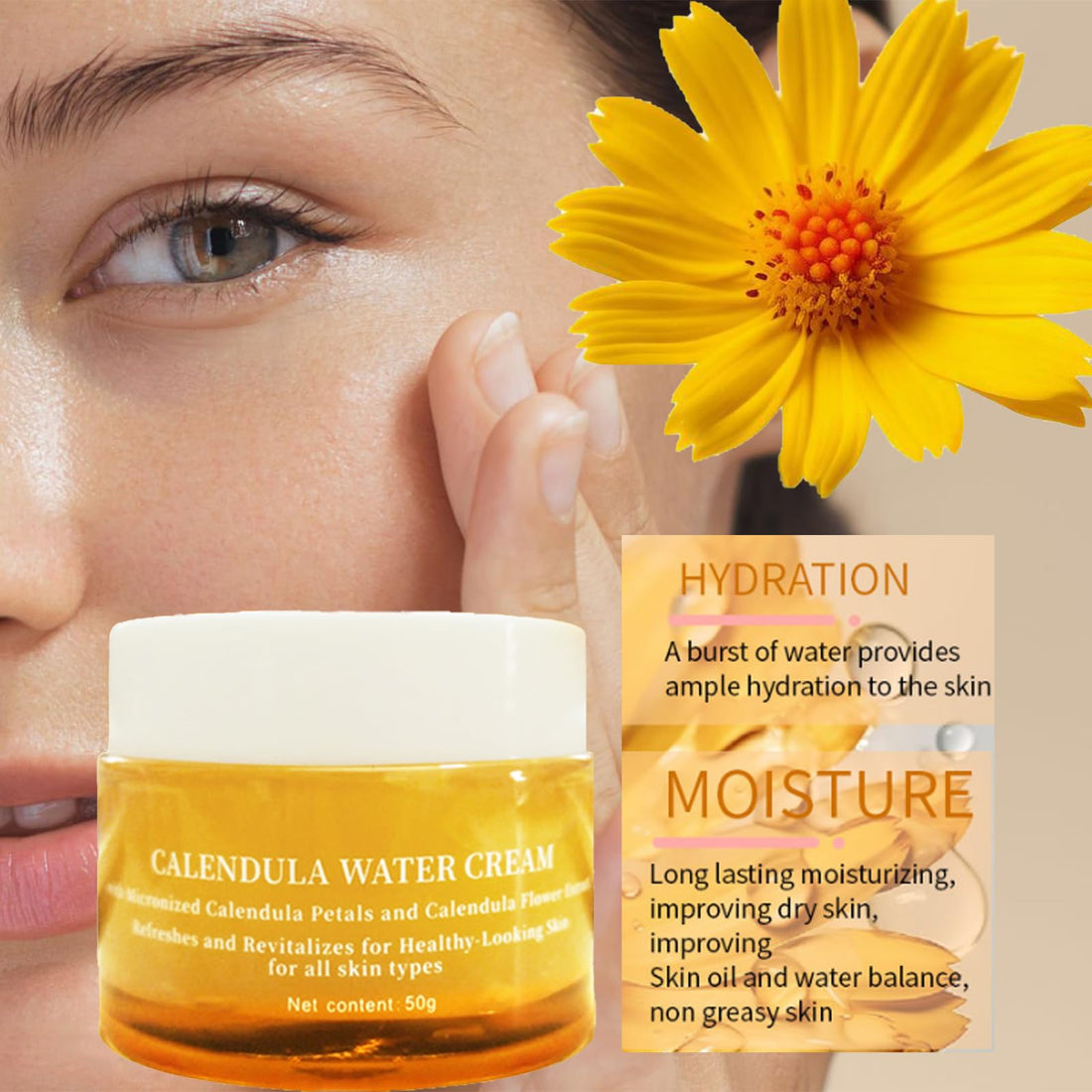 Grospe Calendula Cream Face Moisturizer for Sensitive and Dry Skin Calendula Gel Long Lasting Facial Moisturizer for Women Hydrating Face Cream 1.76 Oz