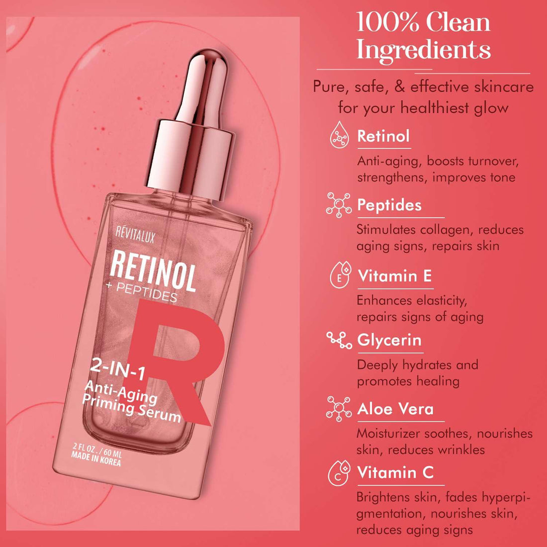 RevitaLux Retinol & Peptides 2-in-1 Serum - Anti-Aging, Smooths Fine Lines, Wrinkle Treatment, Hydrating, Dermatologist Tested, Cruelty-Free Korean Skin Care for All Skin Types - 2 Fl. Oz