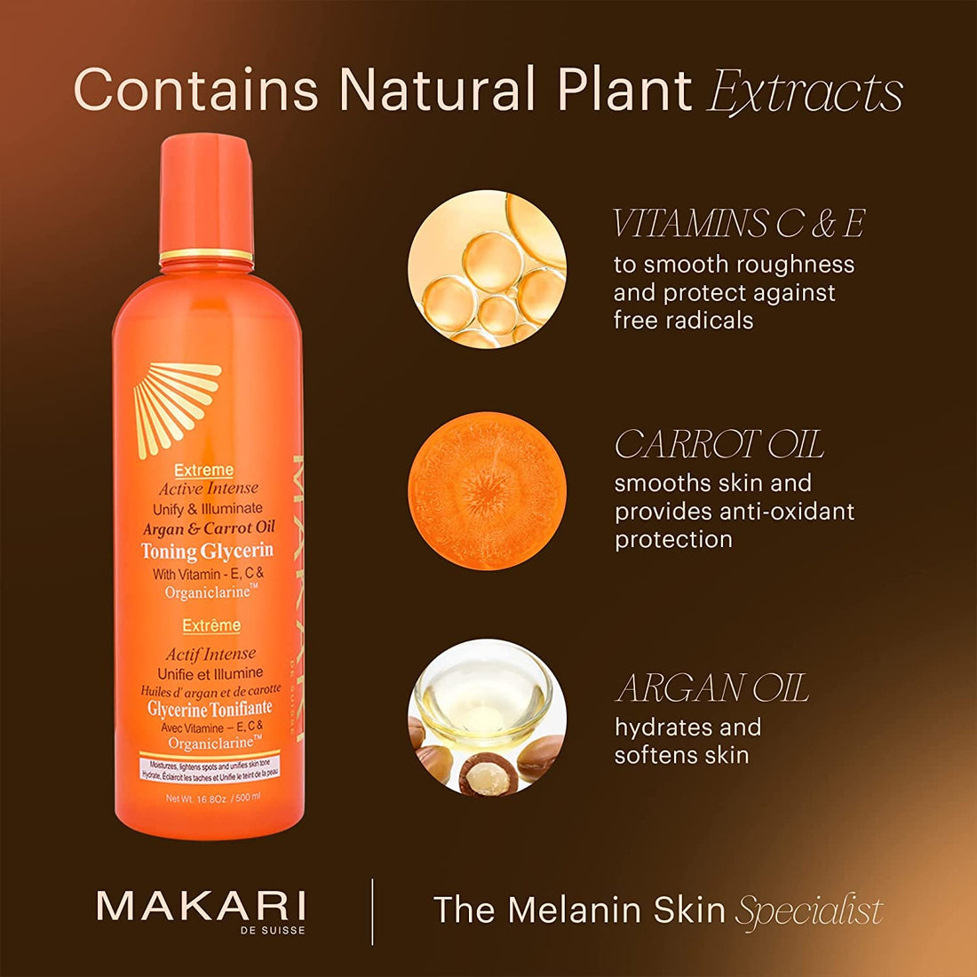 Makari Extreme Carrot & Argan Oil Skin Toning Glycerin 16.8oz - Lightening & Tightening Moisturizer for Face & Body with Organiclarine - Whitening Treatment for Dark Spots