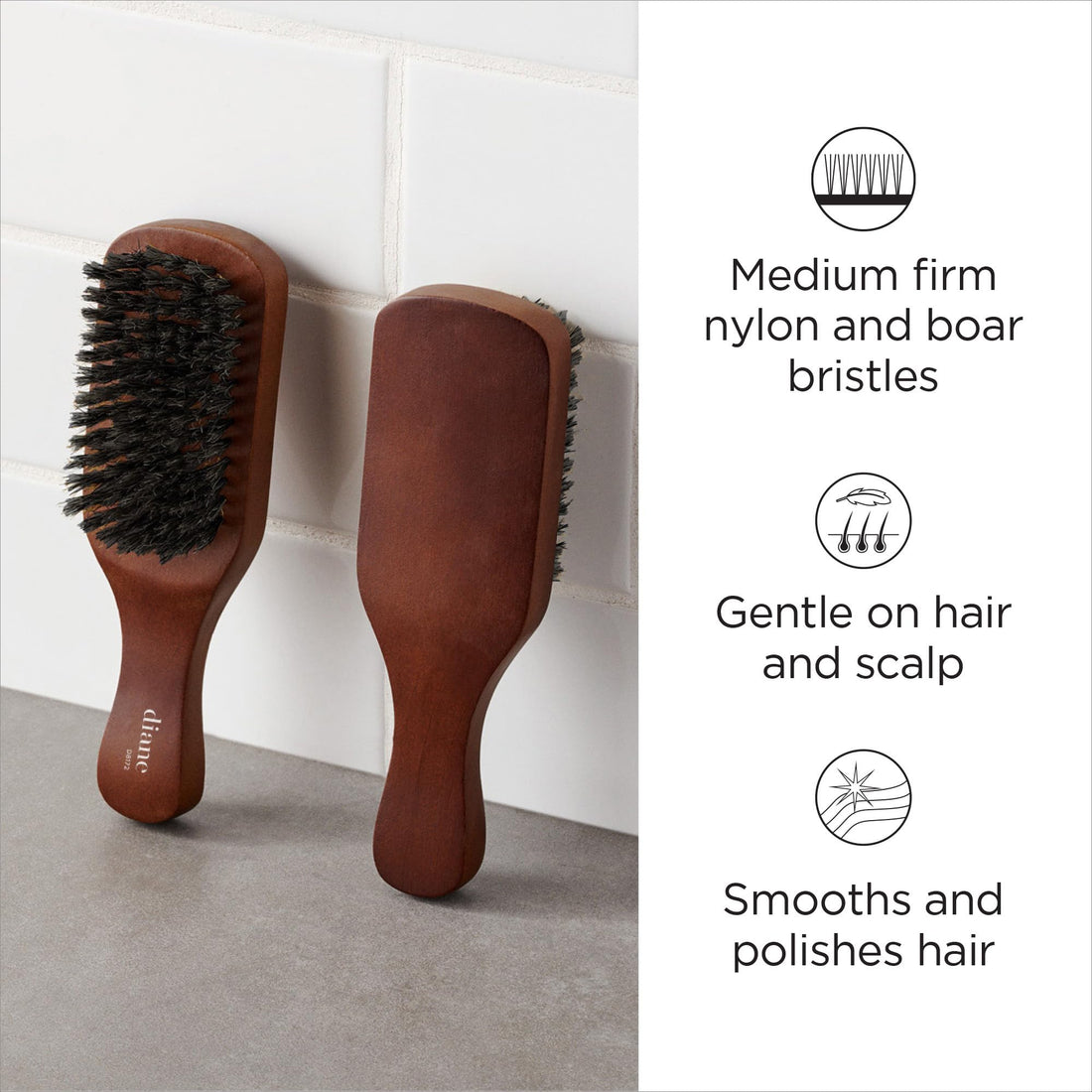 Diane medium firmness reinforced boar bristle, short handle style wave mens hair brush, d8172