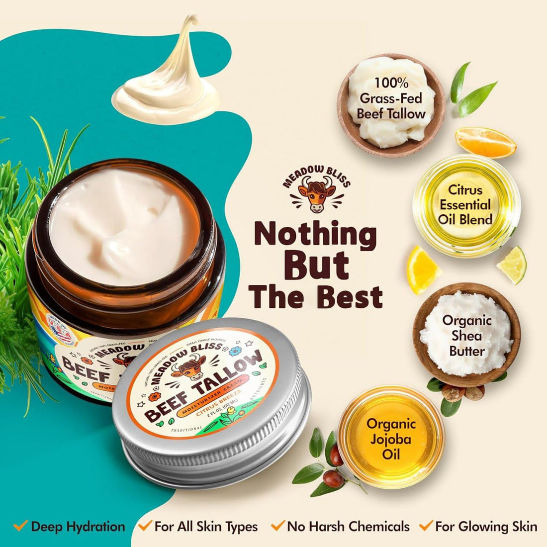Meadow Bliss Beef Tallow for Skin - Moisturizer Cream - 100% Grass Fed - Whipped Beef Tallow - Organic Jojoba Oil - Organic Shea Butter - Supports Eczema, Rosacea+ - Made in USA - Citrus Breeze - 4 oz