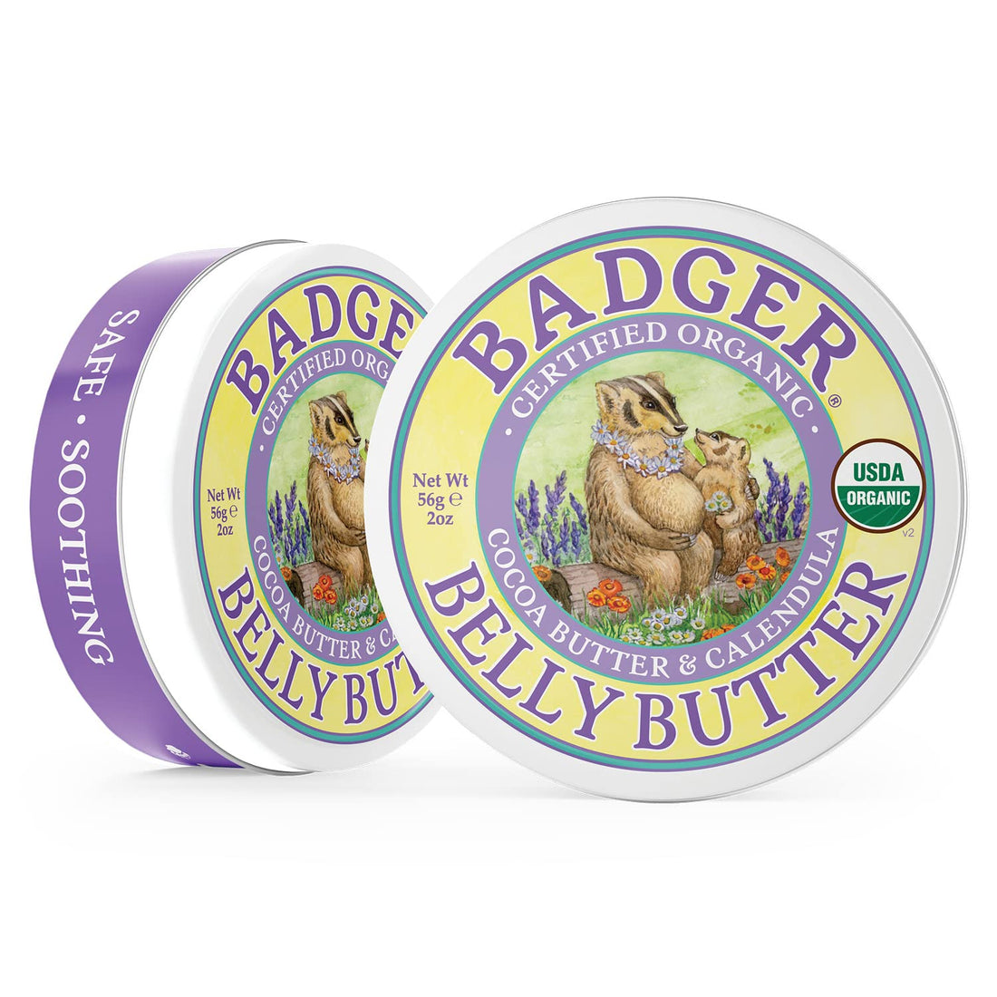 Badger Belly Butter, Organic Stretch Mark Cream for Pregnant Belly, Rich Hypoallergenic Moisturizing Organic Cocoa Butter & Coconut Body Butter for Women, 2 oz Tin, 2-Pack