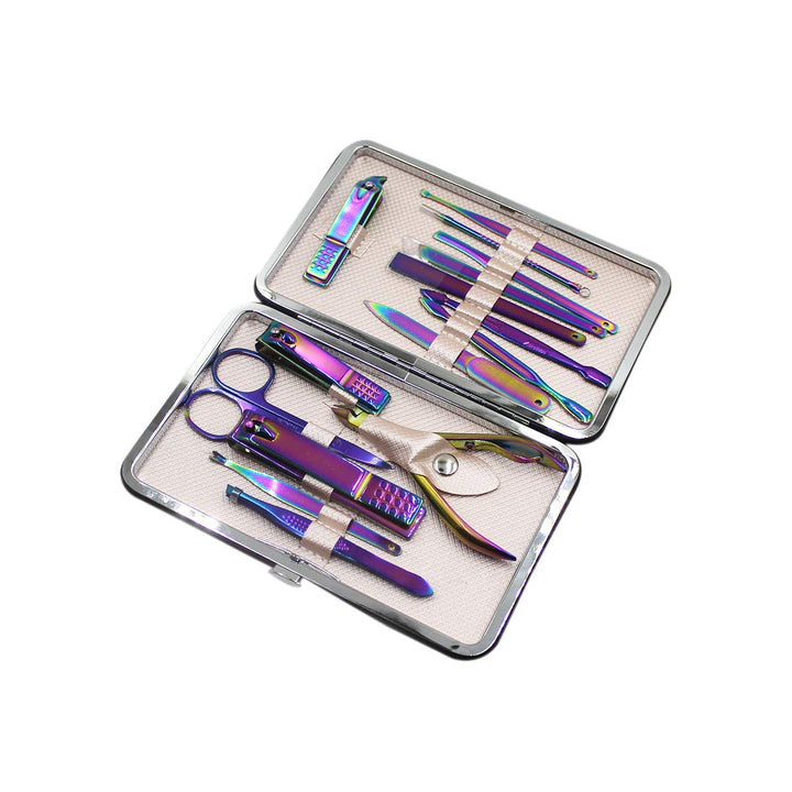 Professional Stainless Steel Chameleon Nail Clipper Travel & Grooming Kit Nail Tools Manicure & Pedicure Set of 15pcs with Luxurious Case(Purple)