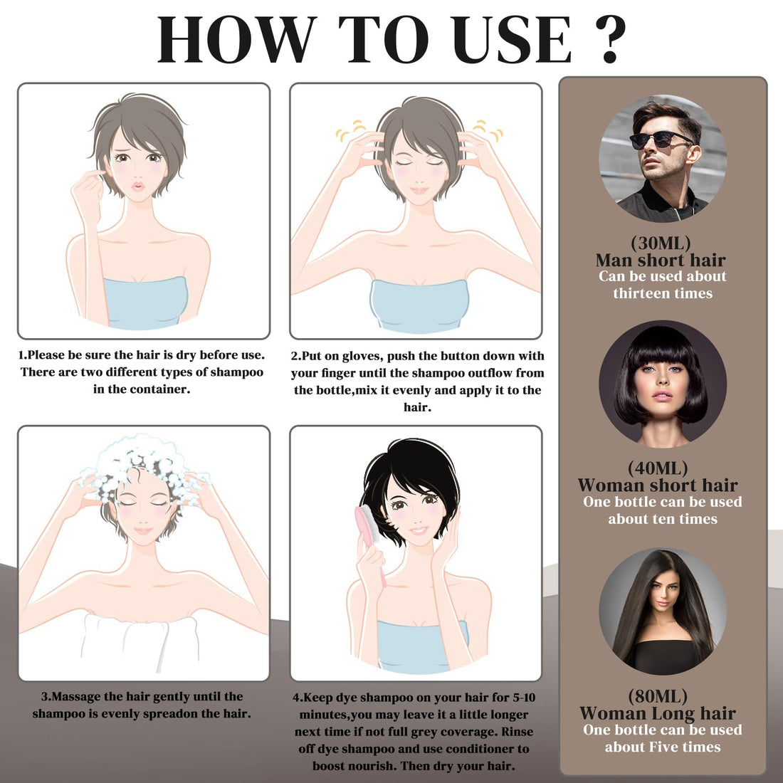 Ivnil Black Hair Dye Shampoo 3 in 1 for gray coverage champu para canas herbal color for women and men 400ML