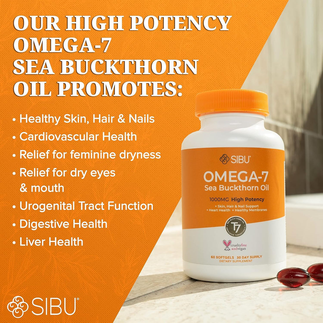 sibu Omega-7 Softgels, Premium Organic Himalayan Sea Buckthorn Oil (180ct, 90 Day Supply) – Supplement for Healthy Skin, Hair, Nails and Dryness