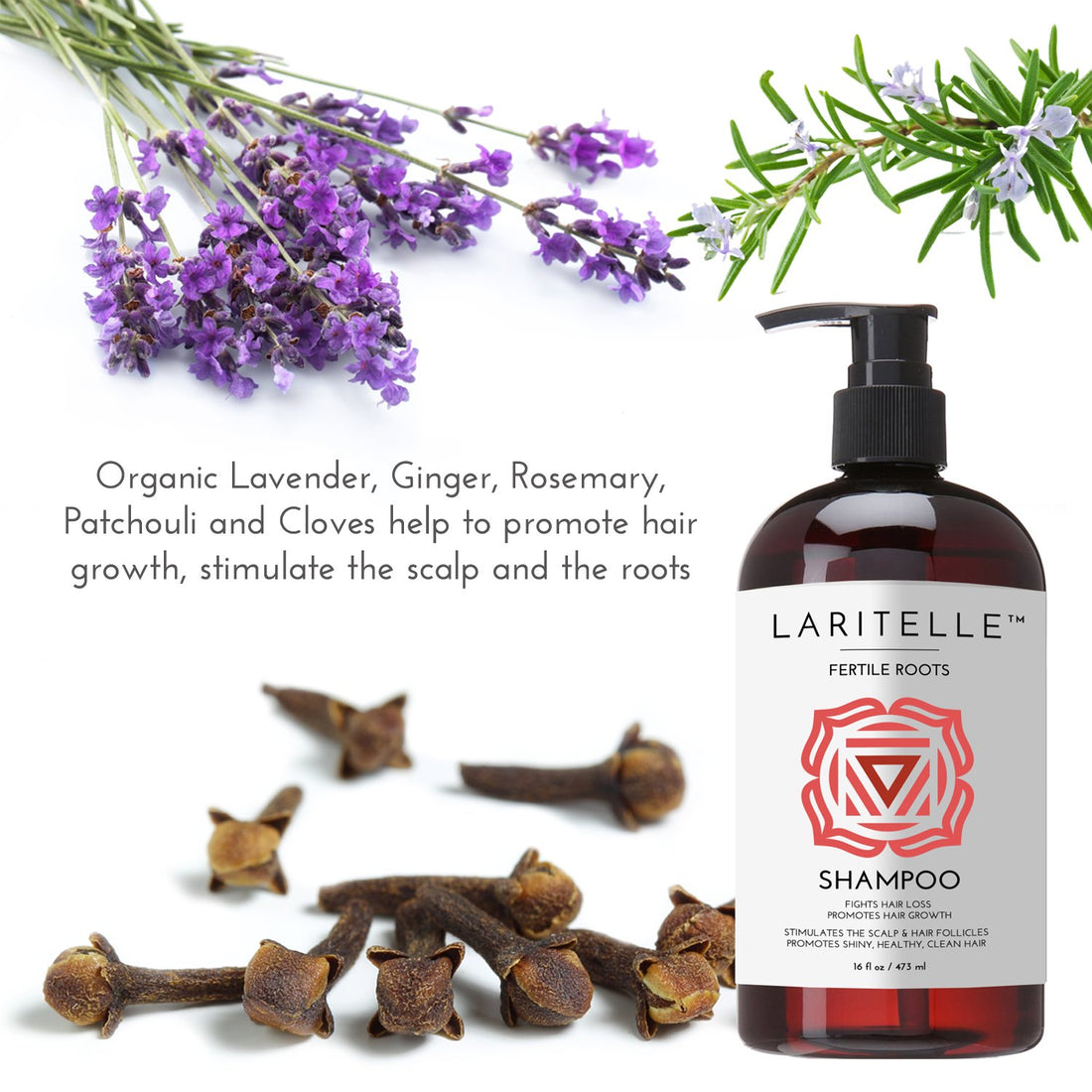 Laritelle Organic Shampoo 16 oz. Fortifying, Strengthening, Rejuvenating. Prevents Hair Shedding, Promotes New Hair Growth. Ayurvedic Herbs, Lavender, Ginger, Rosemary, Patchouli and Cloves. Vegan. GF