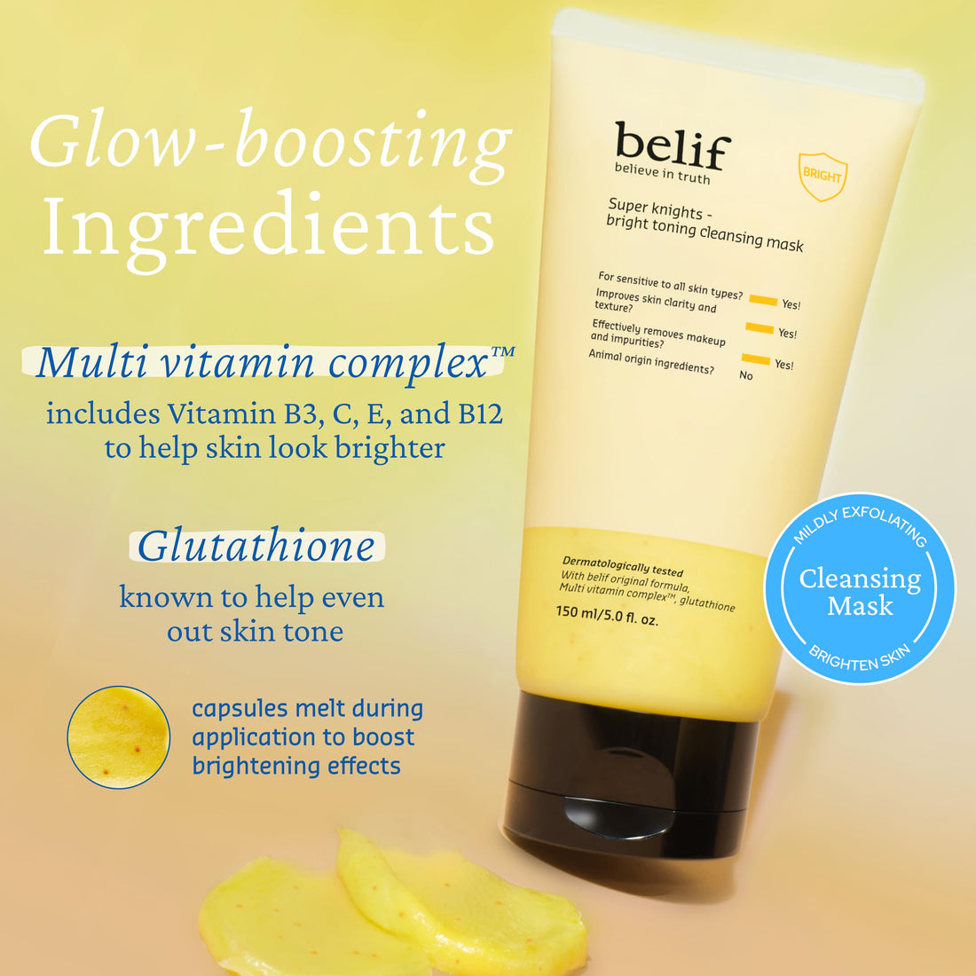 belif Super Knights - Glow Cleansing Mask, 2-in-1 Facial Mask & Cleanser with Multi Vitamin Complex and Glutathione | For All and Sensitive Skin Types | Korean Skincare (5.0 fl. oz)