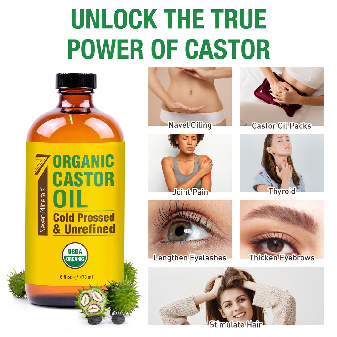 Seven Minerals New 16 fl oz Glass Bottle Castor Oil Organic Cold Pressed Unrefined Glass Bottle Pack - 100% Pure USDA Certified Organic Hexane Free
