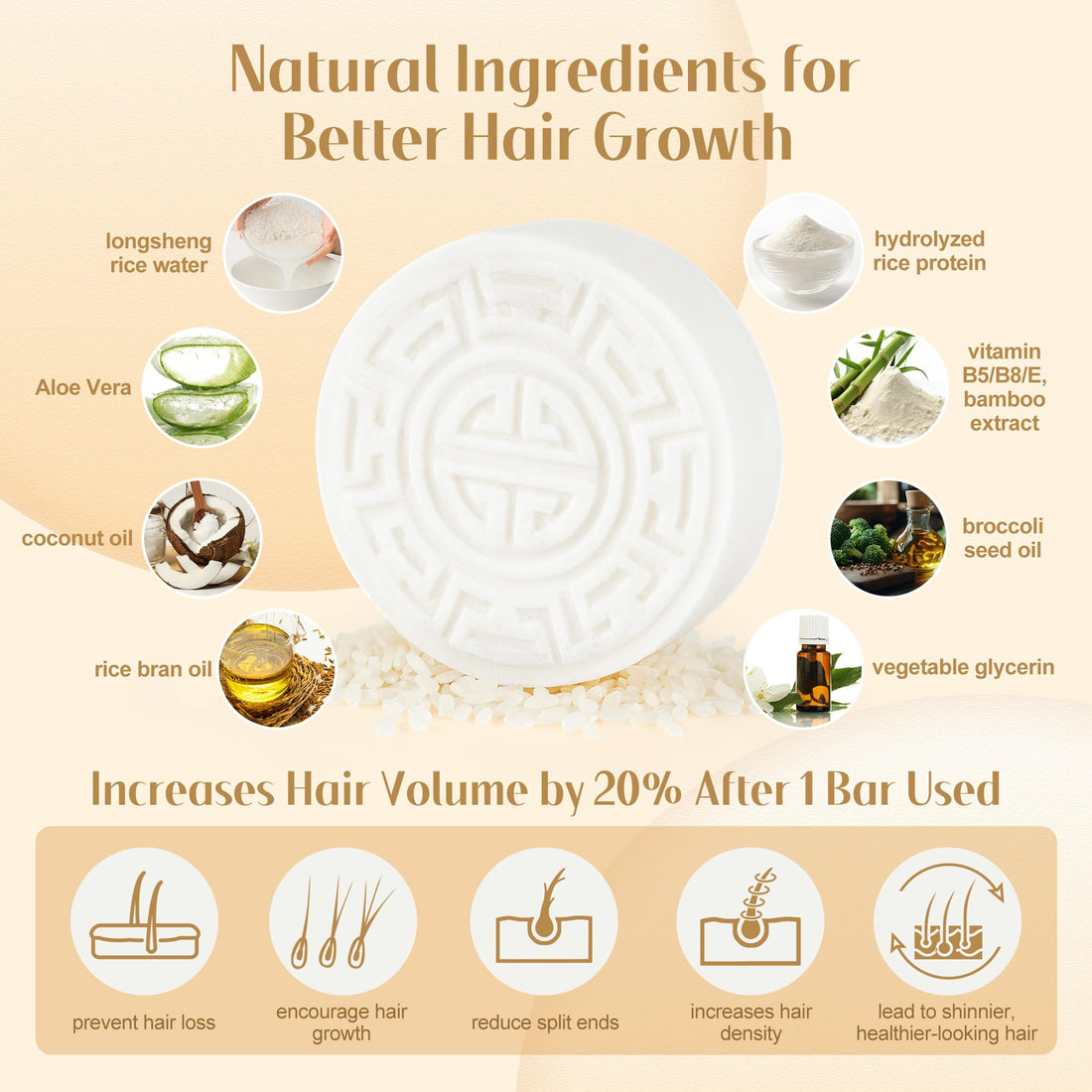 Leafinty Rice Water Shampoo Bar - 2 in 1 Fermented Rice Water Solid Shampoo and Conditioner for Hair Growth and Moisturizing - Vegan, pH Balance, Zero Waste, 3.5oz