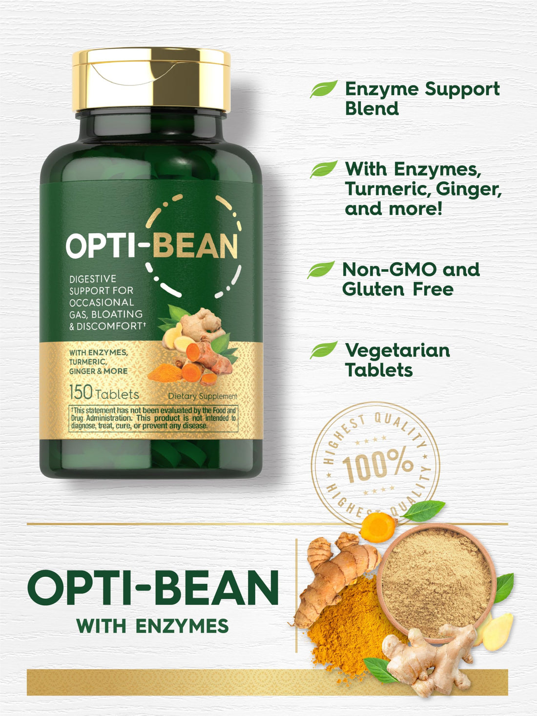 Carlyle Opti-Bean | 150 Tablets | Digestive Support | Gas, Bloating & Discomfort Enzyme Blend | Vegetarian, Non-GMO & Gluten Free Supplement