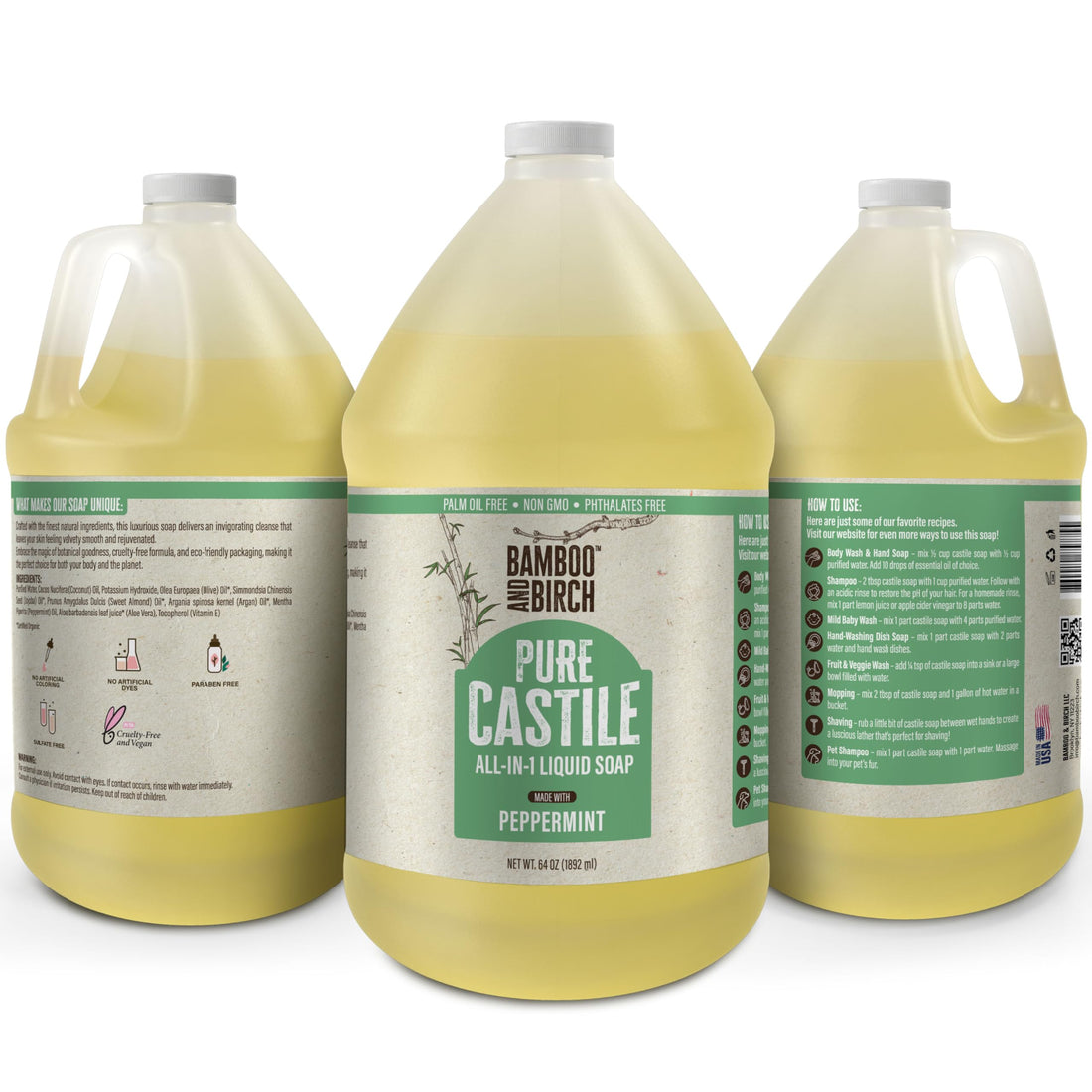 BAMBOO AND BIRCH Pure Castile Soap Liquid Organic, Certified Palm Oil Free Natural Soap, Peppermint, 64 oz