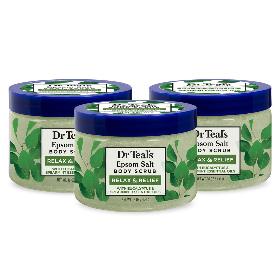 Dr Teal's Pure Epsom Salt Body Scrub, Relax & Relief with Eucalyptus & Spearmint Essential Oils, 16 oz (Pack of 3)