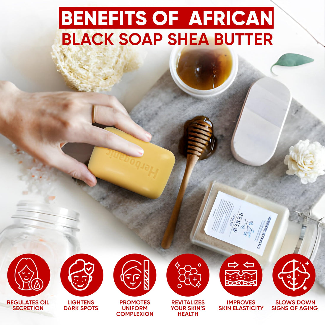 HERBOGANIC Africal Black soap With Shea Butter Herbal Soap | Pack of 3 of 5oz soap Bar | Natural Bar Soap for Face and Body | Hydrating and Nourishing | Suitable for Men and Women