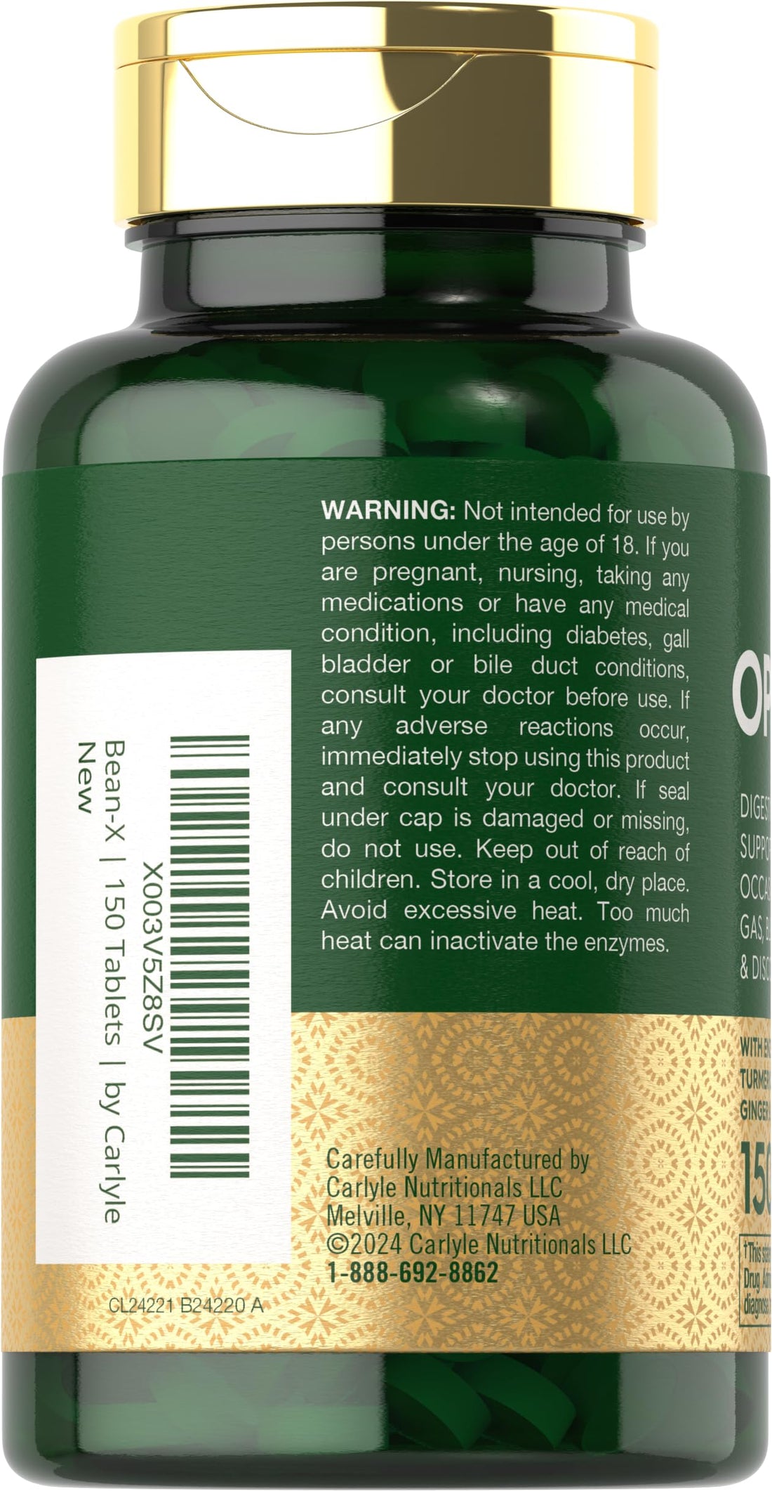 Carlyle Opti-Bean | 150 Tablets | Digestive Support | Gas, Bloating & Discomfort Enzyme Blend | Vegetarian, Non-GMO & Gluten Free Supplement