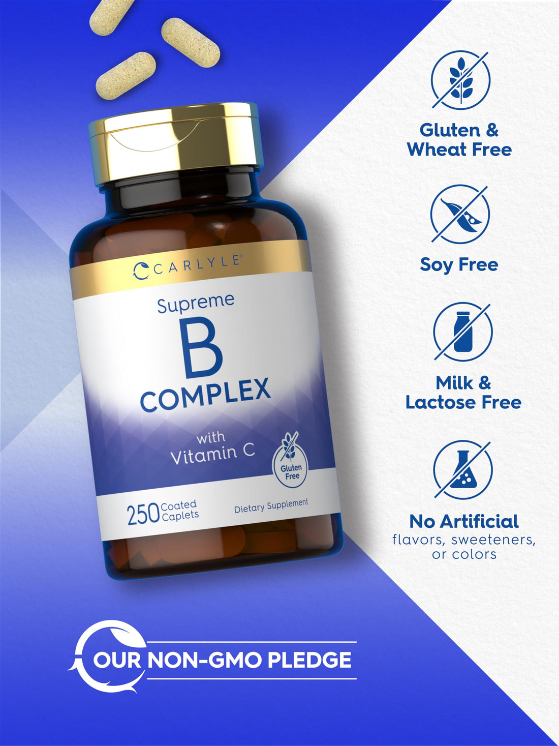 Carlyle Vitamin B Complex Plus Vitamin C | 250 Caplets | Vegetarian, Non-GMO and Gluten Free Supplement