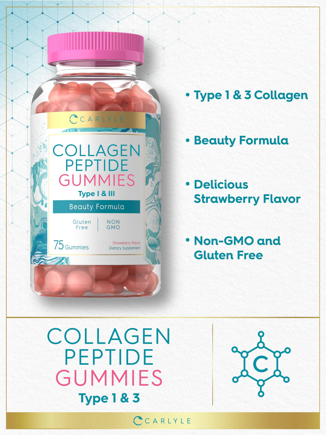 Carlyle Collagen Gummies | Strawberry Flavor Beauty Supplement | Hydrolyzed Collagen Peptides for Women & Men | Type 1 & 3 | Non-GMO, Gluten Free