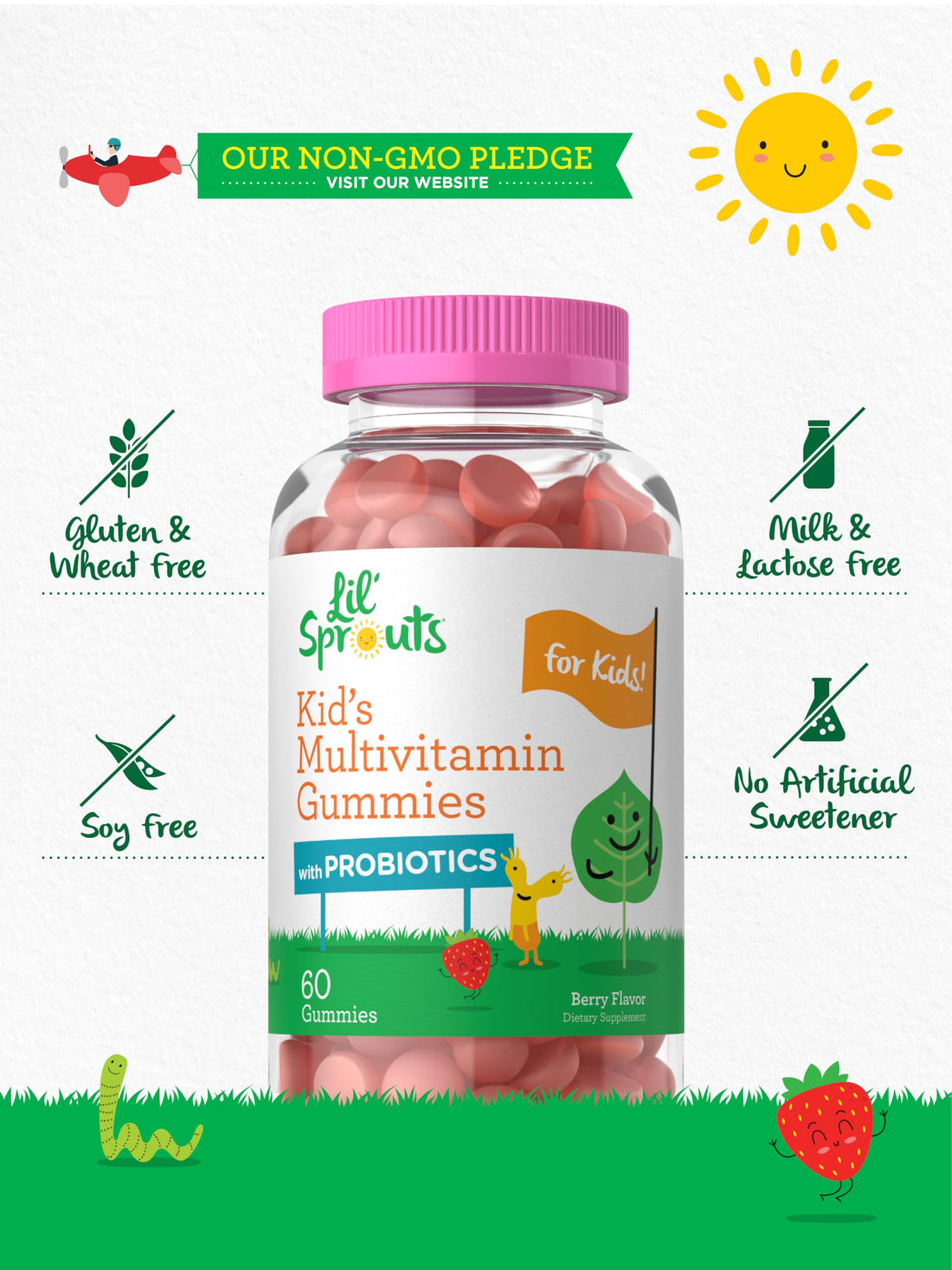 Carlyle Kids Multivitamin Gummies with Probiotics | 60 Chewables | Berry Flavor | Vegetarian, Non-GMO, Gluten Free Children's Supplement | by Lil' Sprouts | Packaging May Vary