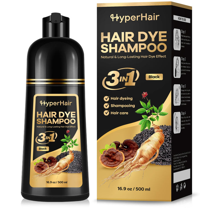 HyperHair Black Hair Dye Shampoo, Shampoo for Color Treated Hair, Hair Dye Shampoo 3 In 1, Black Hair Dye, Shampoo for Gray Hair for Women & Men, Long Lasting & Coverage