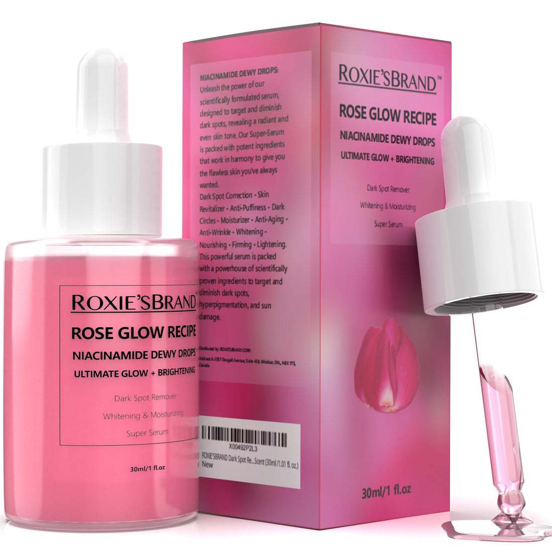 ROXIE'SBRAND Niacinamide Serum: 10% Niacinamide, 4% Tranexamic Acid, 2% Arbutin, 2% Vitamin C, Hyaluronic Acid, Vitamin B12, Ceramides, Natural Rose Scent (30ml /1.01 fl. oz.)