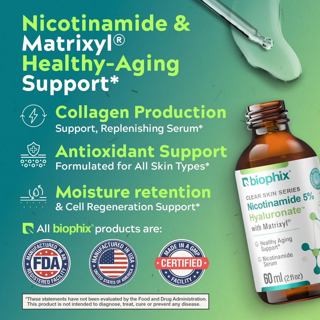 B-3 Nicotinamide Age-Defying Liquid Serum 2 oz - Hyaluronic Acid - Matrixyl ® - Supports Skin Health - Healthy Aging