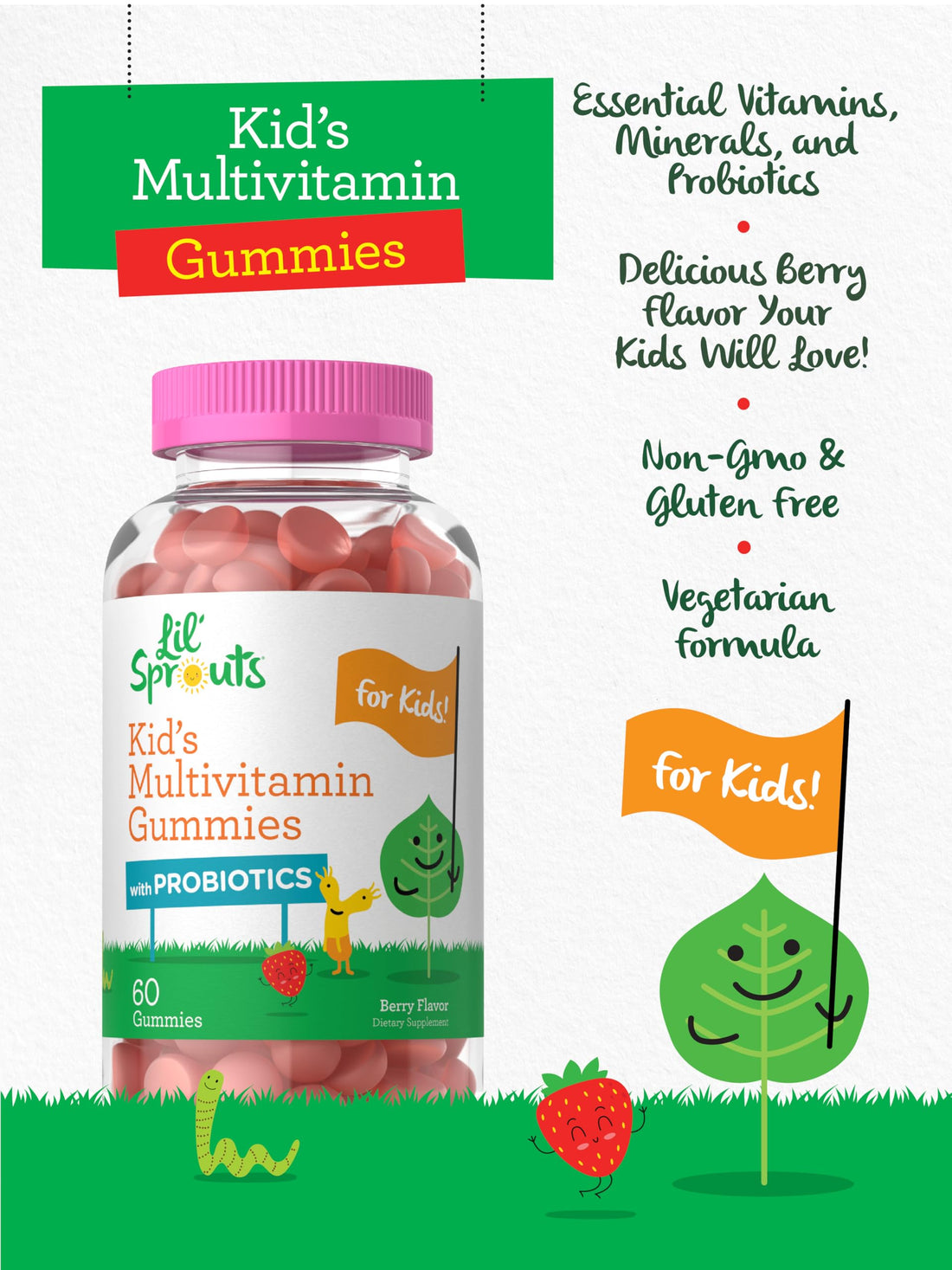 Carlyle Kids Multivitamin Gummies with Probiotics | 60 Chewables | Berry Flavor | Vegetarian, Non-GMO, Gluten Free Children's Supplement | by Lil' Sprouts | Packaging May Vary