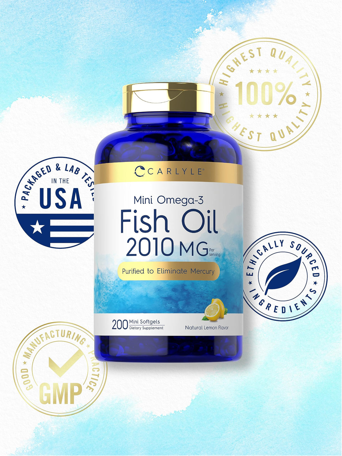 Carlyle Mini Fish Oil Softgels | 2010 mg | 200 Omega-3 Pills | with EPA & DHA | Non-GMO & Gluten Free Supplement