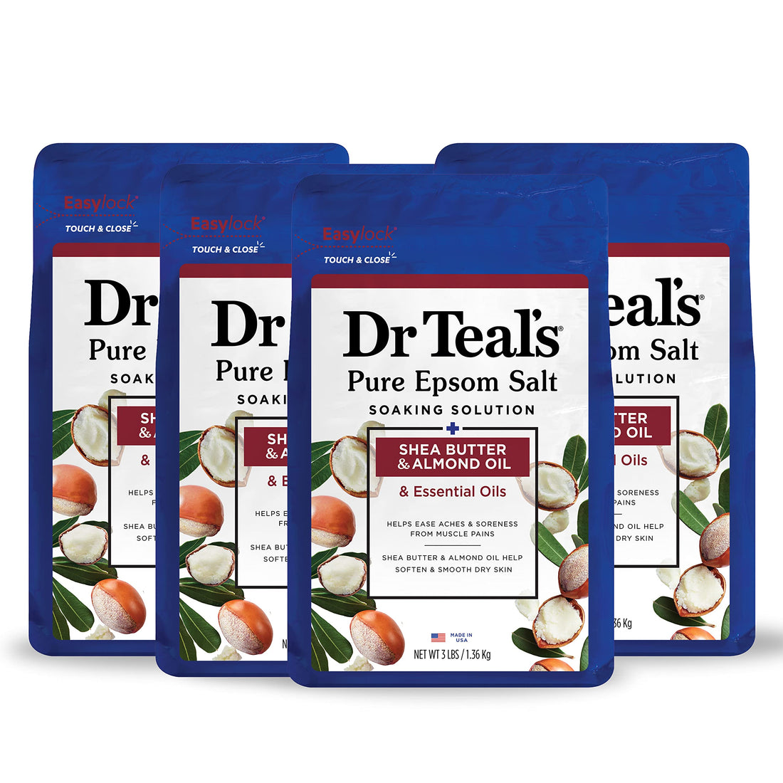 Dr Teal's Epsom Magnesium Salt Soak, Shea Butter & Almond, 3 lbs (Pack of 4)