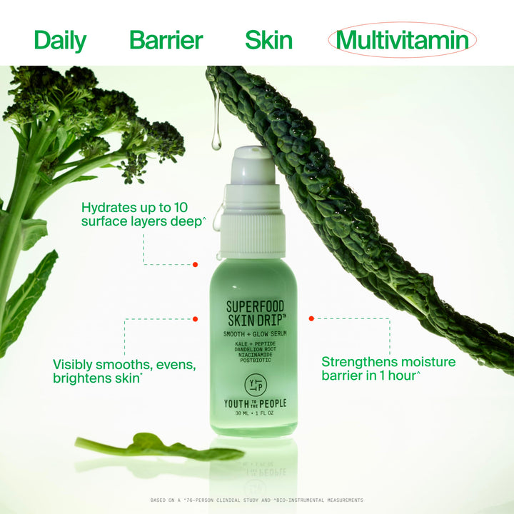 Youth To The People Superfood Skin Drip Face Serum (1 fl oz), Strengthens Skin Barrier + Evens Skin Tone, 5% Niacinamide, Kale, Peptides, Ceramides, Boosts Glow, Vegan