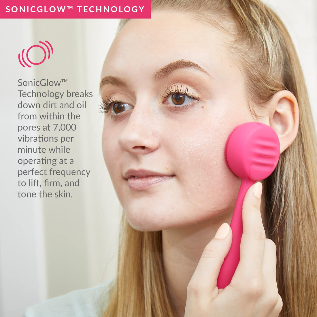 PMD Clean - Smart Facial Cleansing Device with Silicone Brush & Anti-Aging Massager - Waterproof - SonicGlow Vibration Technology - Lift, Firm, and Tone Skin on Face and Body - Pink