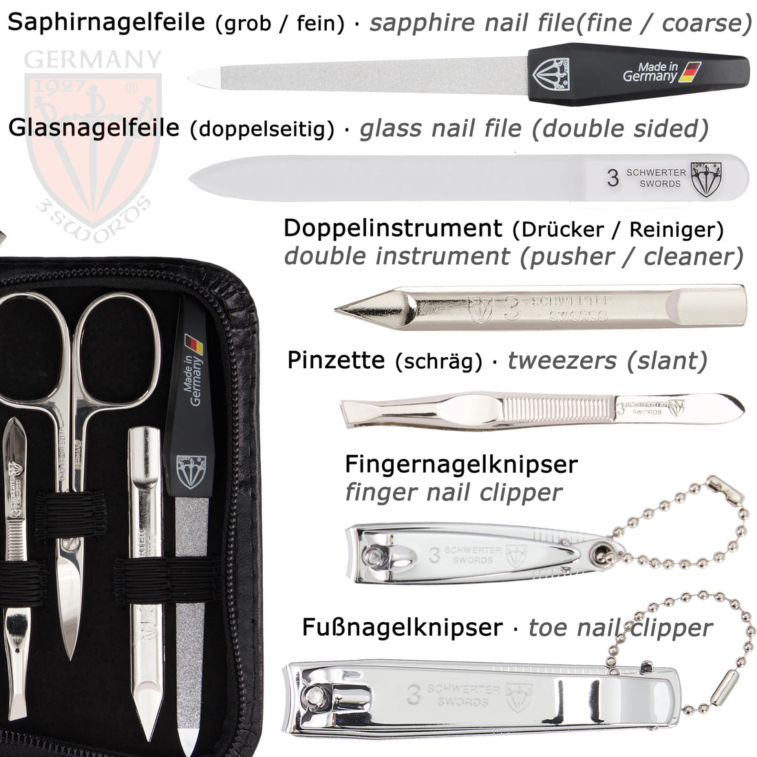 3 Swords - 8 Piece Manicure & Pedicure Kit, made of high quality artificial leather in black, Quality: Made in Solingen/Germany